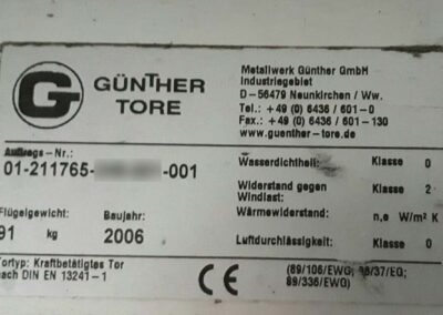 Keller Tor-Systeme Günther Tore Originalteile aller Generationen, Typenschild als Aufkleber